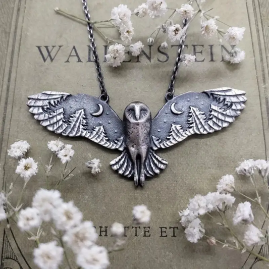 Silver Owl with Crescent Moon Necklace | Owl Totem Talisman