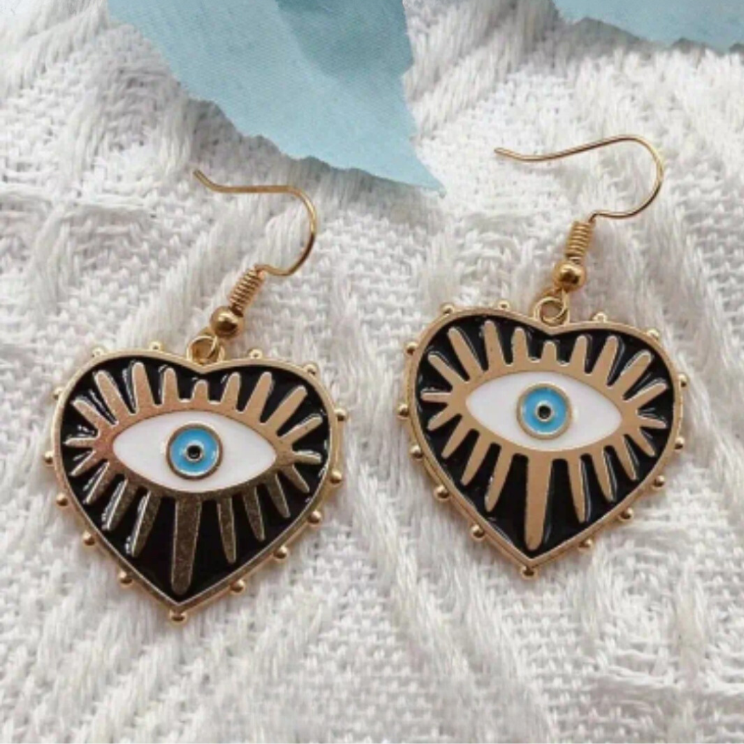 Black and Gold Heart-Shaped Enamel Evil Eye Earrings