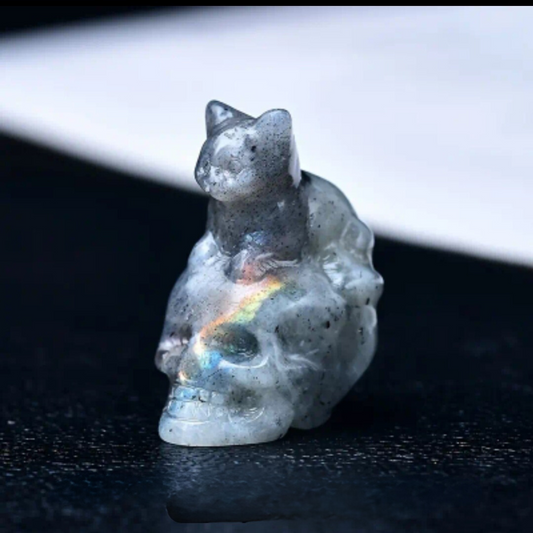 Labradorite Skull with Cat | Natural Quartz Crystal