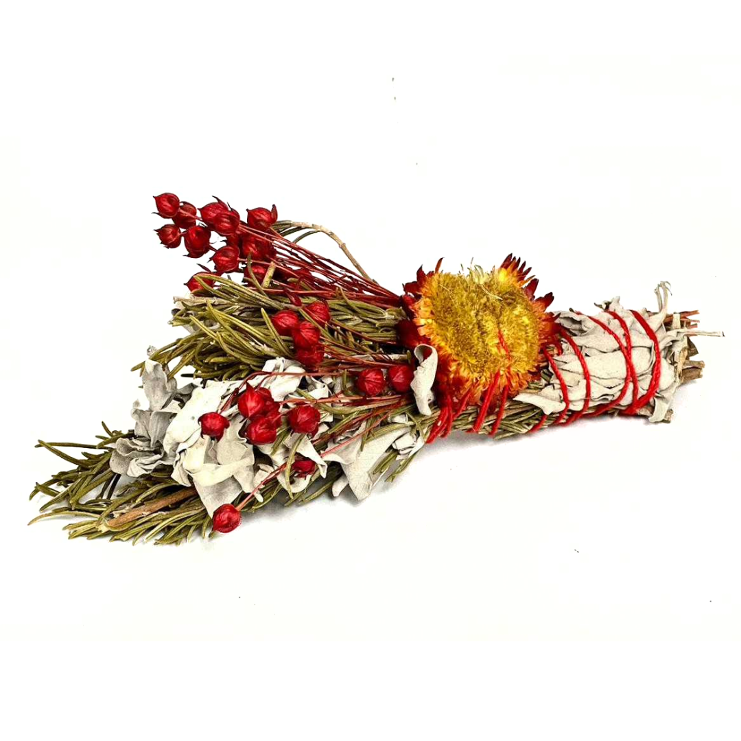 Rosemary, White Sage, Red Pearl, Red Phalaris, & Red Strawberry Smudge Stick 4"