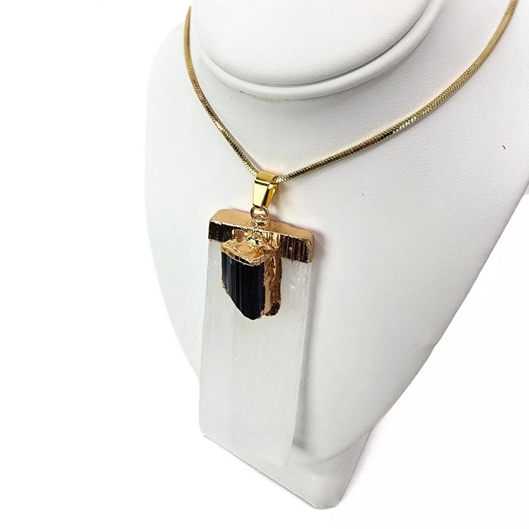 Gold Dipped Selenite & Black Tourmaline Pendant