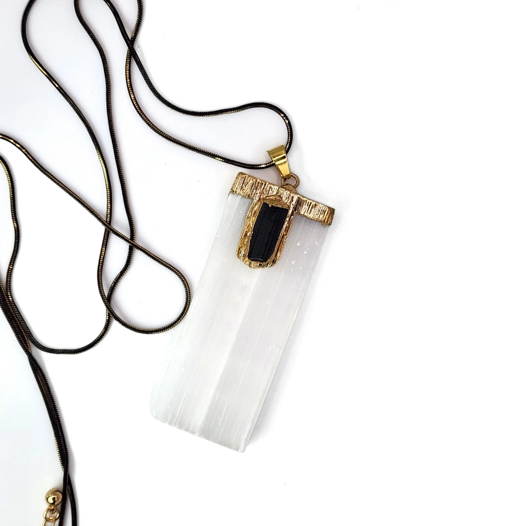 Gold Dipped Selenite & Black Tourmaline Pendant