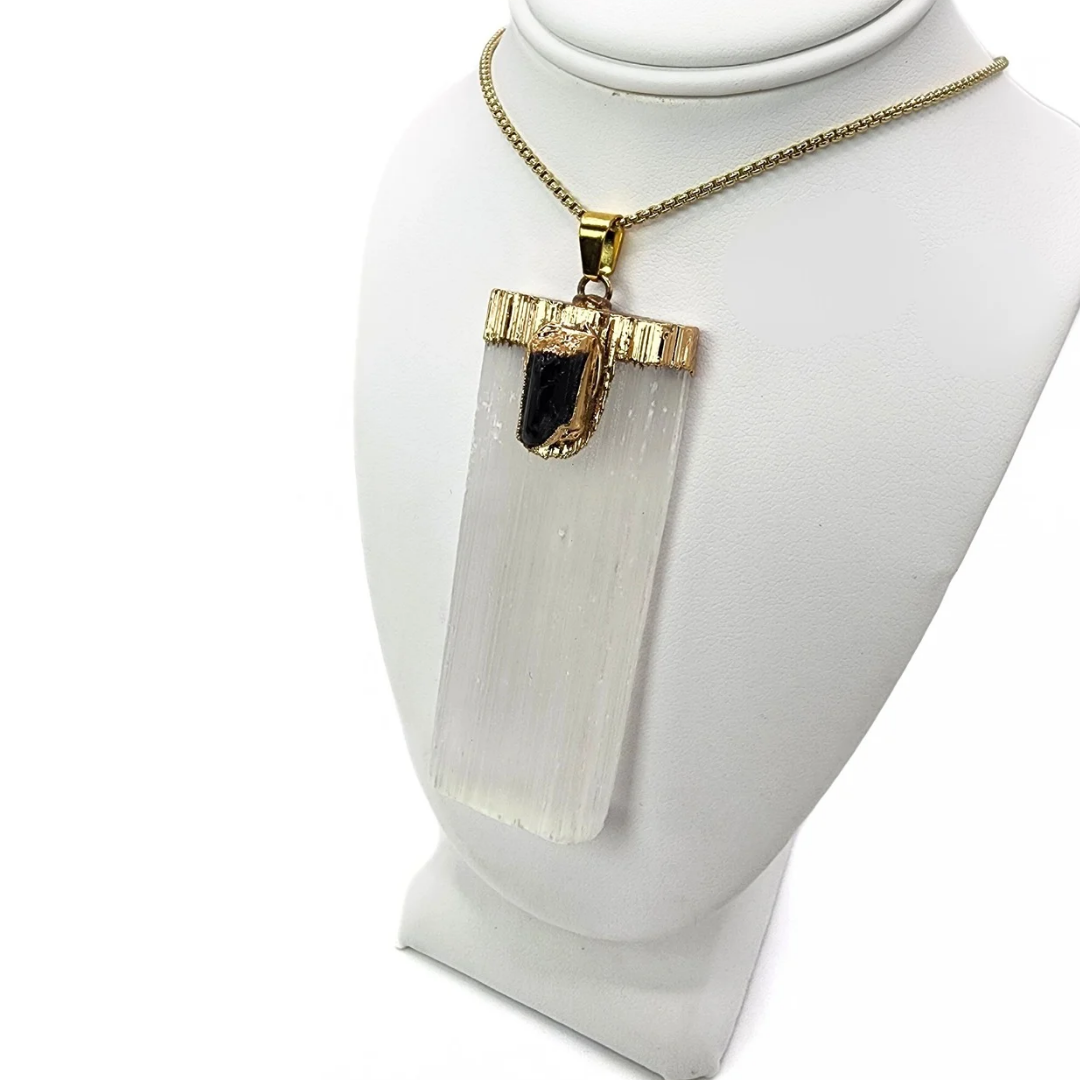 Gold Dipped Selenite & Black Tourmaline Pendant