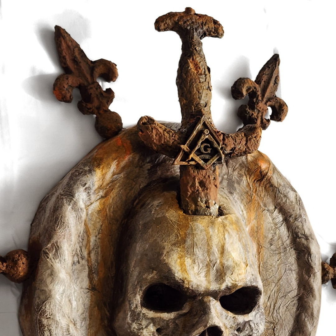 “The Knight of the Rusted Veil” — Original Paper Mâché Plaque by Ricardo Pustanio