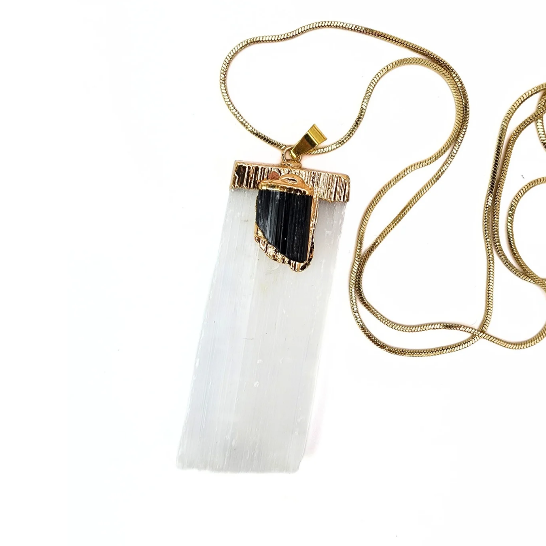 Gold Dipped Selenite & Black Tourmaline Pendant