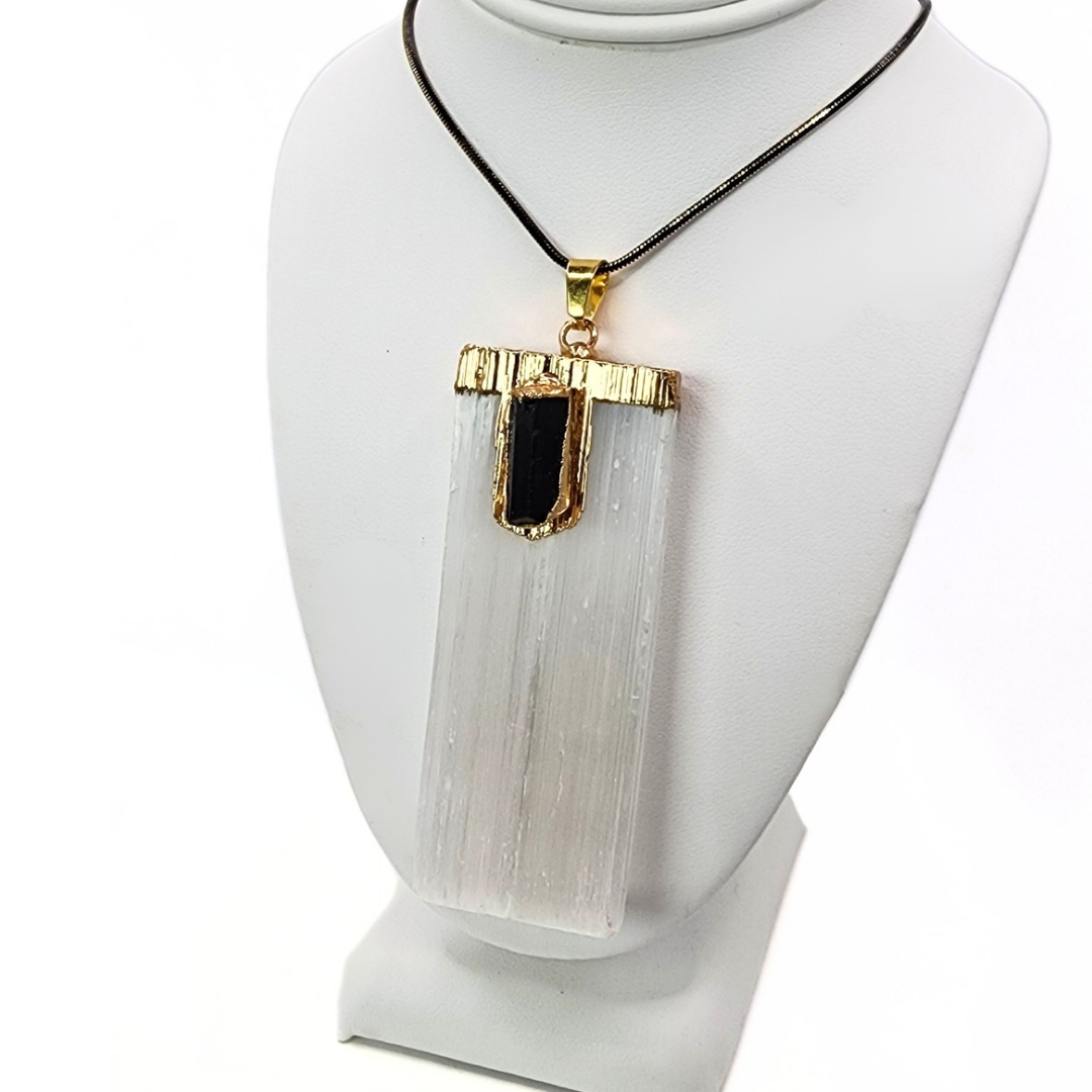 Gold Dipped Selenite & Black Tourmaline Pendant
