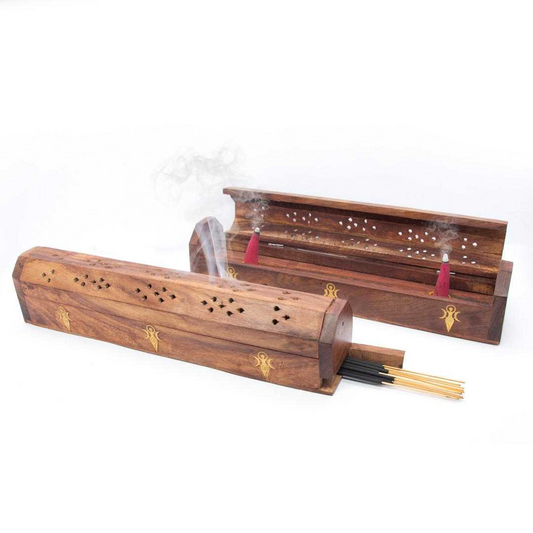 Triple Moon Goddess Wooden Coffin Box Incense Burner